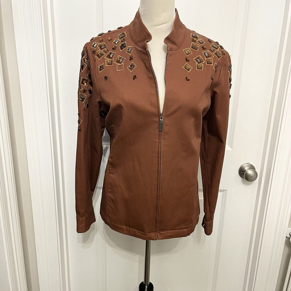 Bob Mackie Wearable‎ Art- Brown Orange Embellished Jewel Zip Up Jacket- Women M